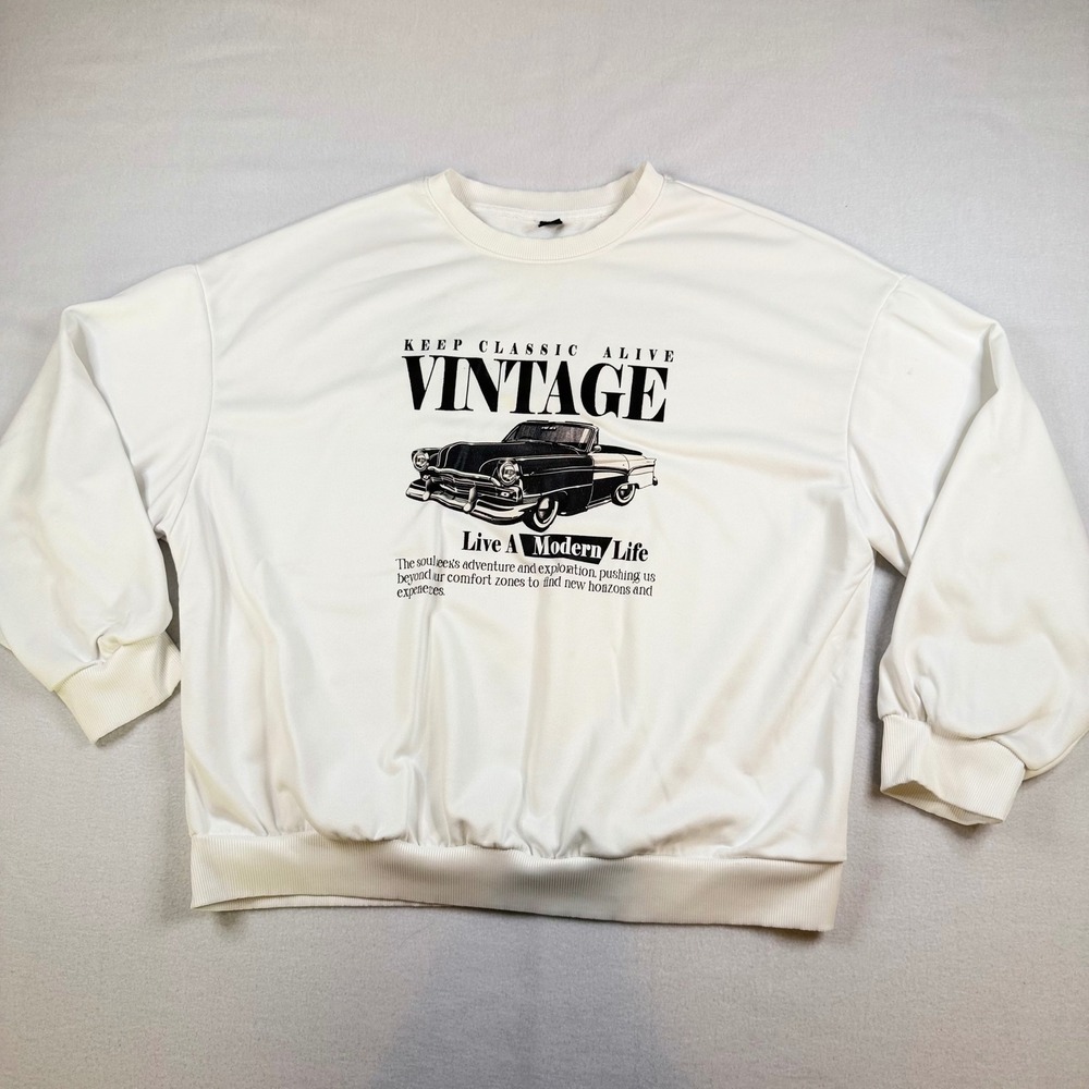 Shein Womens White Vintage Car Graphic Sweatshirt Oversized Crew Neck Large